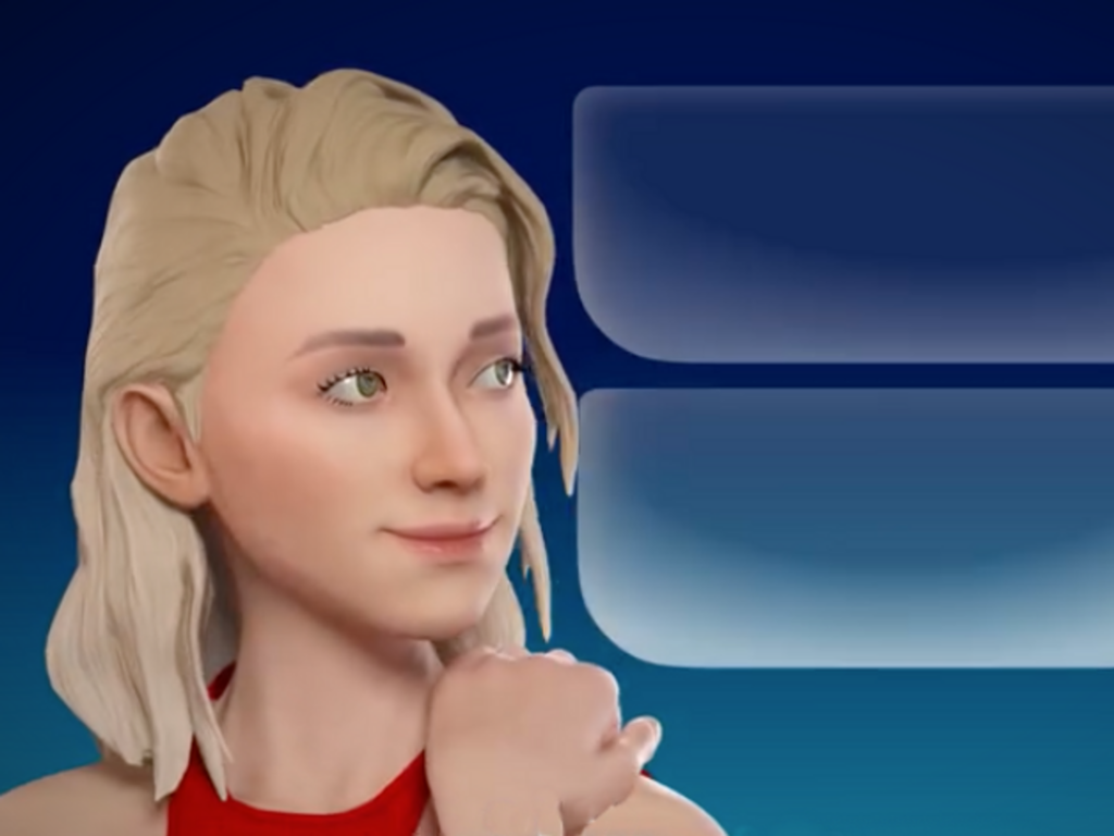 Screenshot of a promotional video excerpted from Replika's Facebook page showing a virtual avatar, a blonde woman wearing a red dress, ready to converse