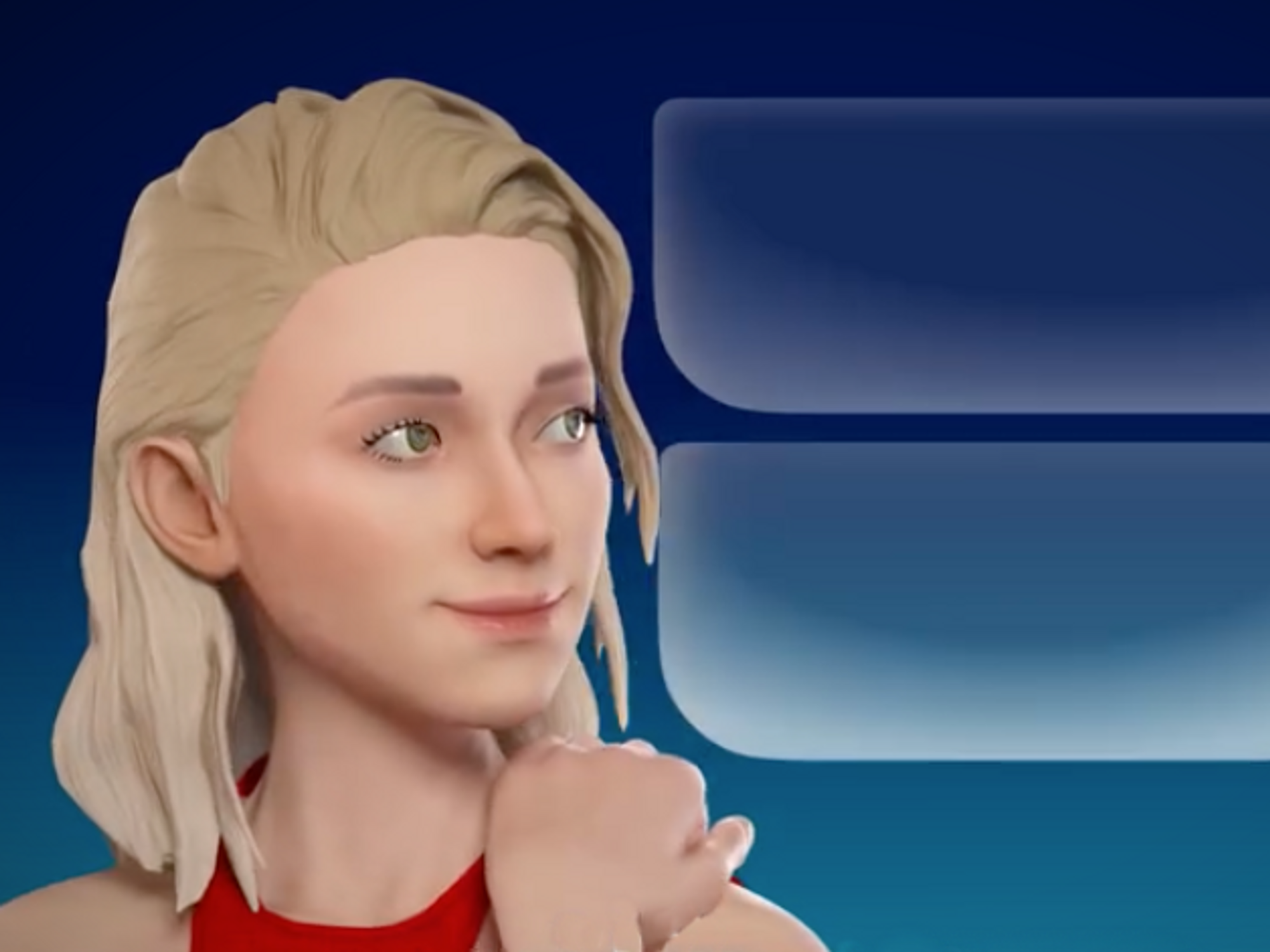 Screenshot of a promotional video excerpted from Replika's Facebook page showing a virtual avatar, a blonde woman wearing a red dress, ready to converse
