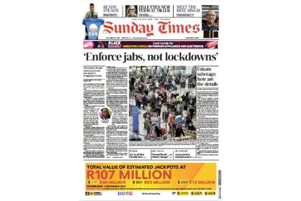 Screenshot of a recent Sunday Times' front page that reads "Enforce jabs, not lockdowns"