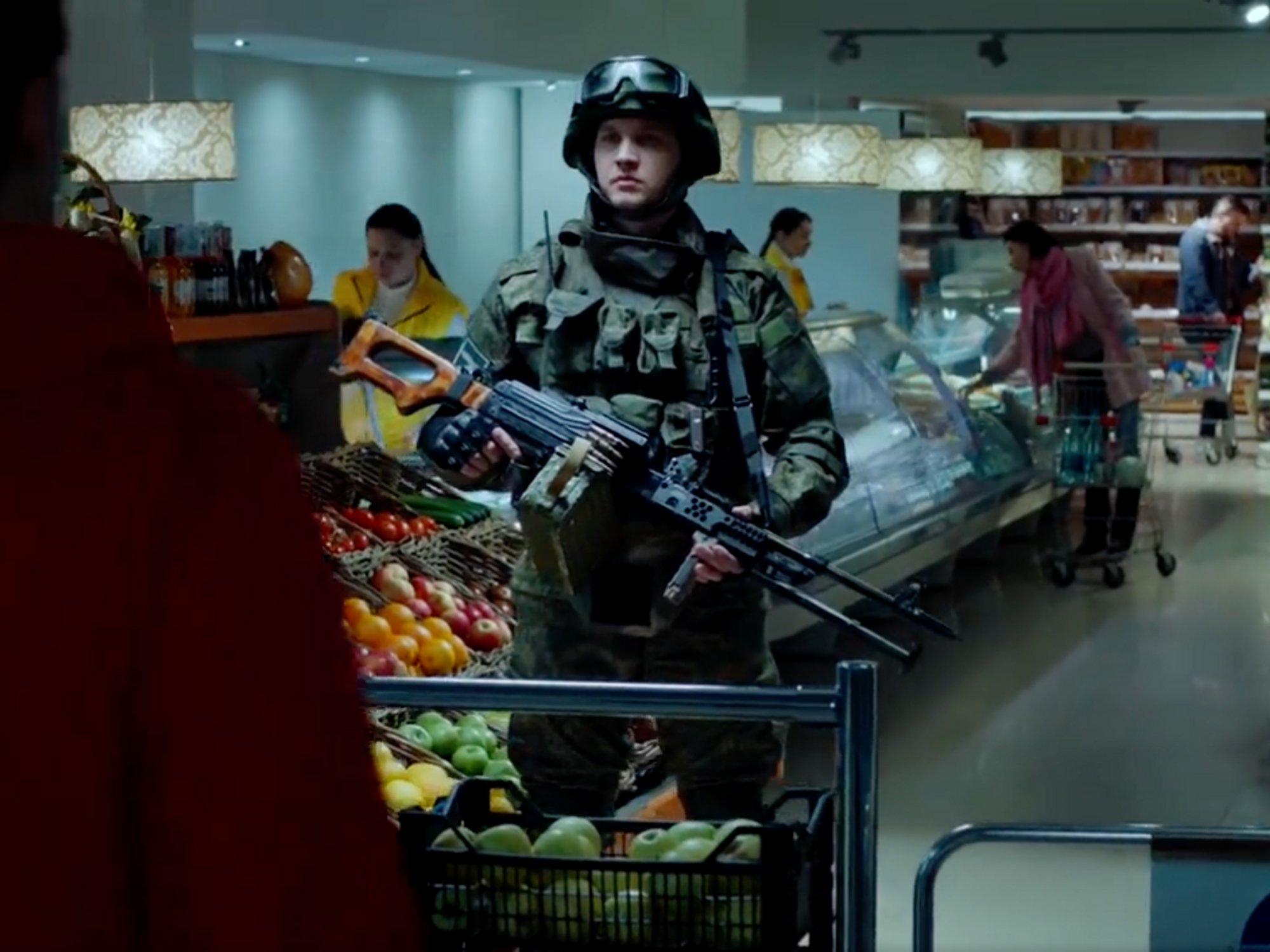 Screenshot of a soldier in a supermarket, excerpted from the Russian Army's new recruitment ad​