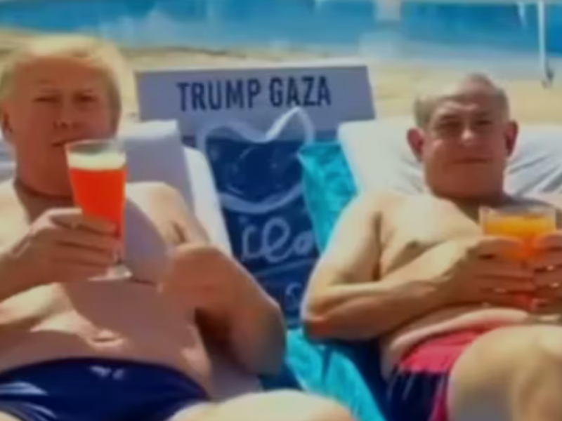 Screenshot of an AI generated video of Donald Trump and Benjamin Netanyahu in Gaza