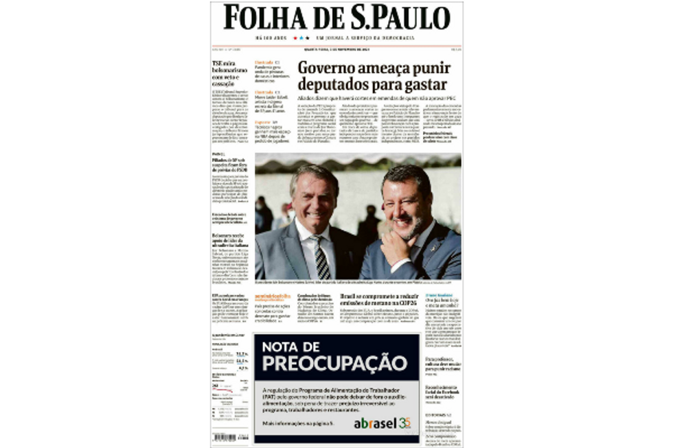 Screenshot of Brazilian daily Folha de São Paulo's Nov. 3 front page