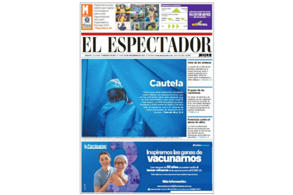 Screenshot of Colombian daily El Espectador calling for “caution” on its Dec. 1 front page.