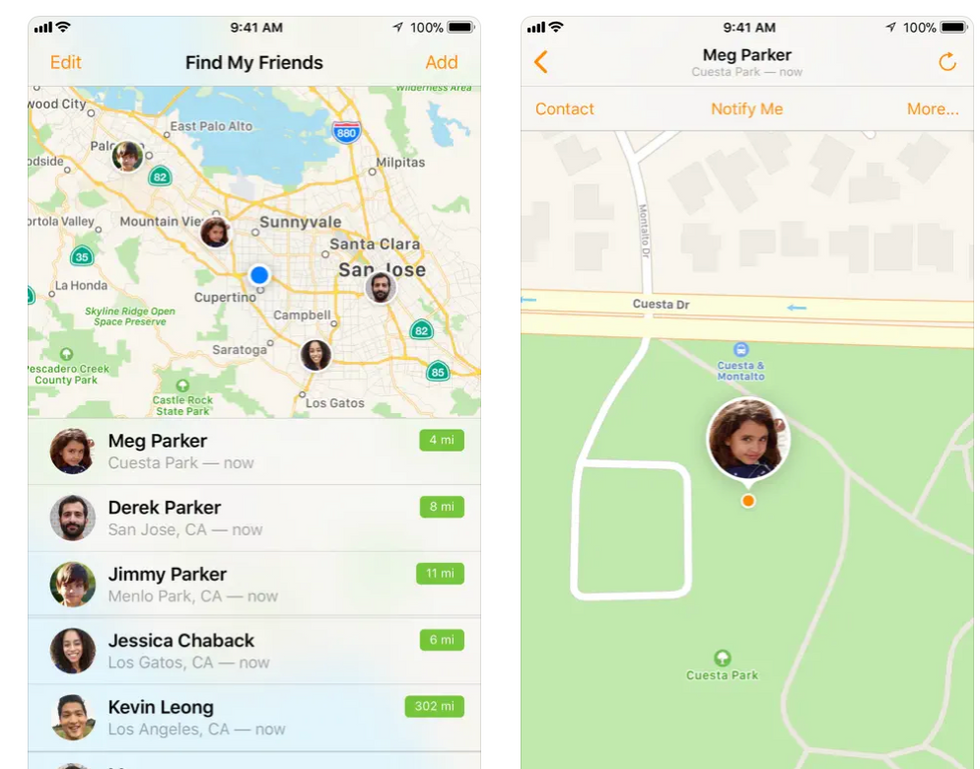 Screenshot of the app Find My Friends, allowing you to locate friends, family etc.