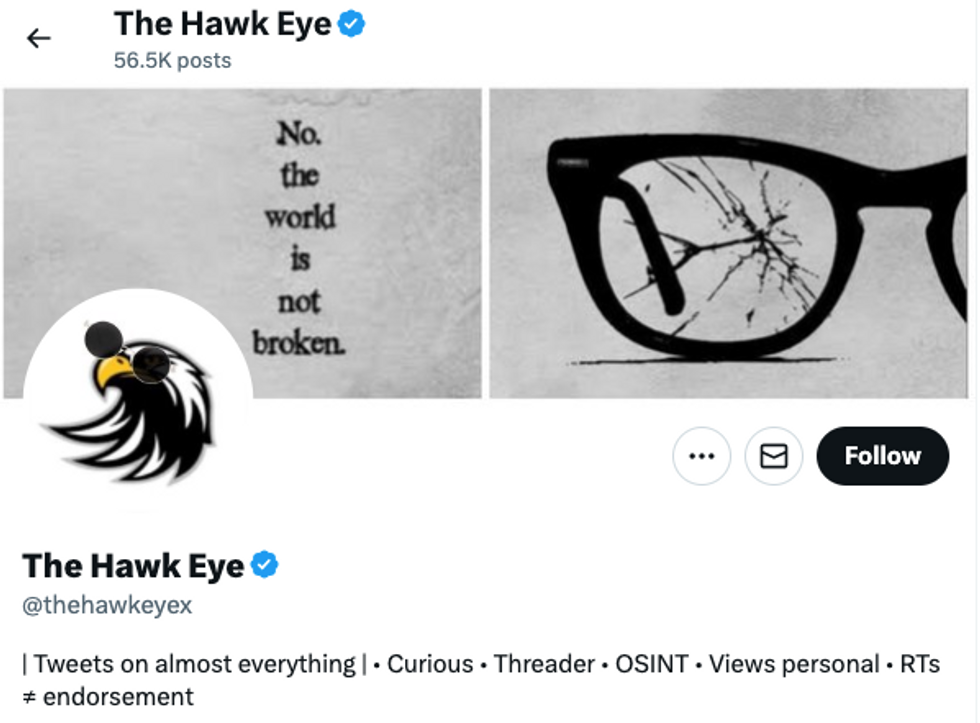 Screenshot of the biography part of ​self-styled OSINT X account @thehawkeyex
