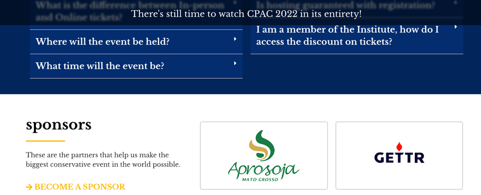 Screenshot of the CPAC 2022 website, featuring Gettr's logo