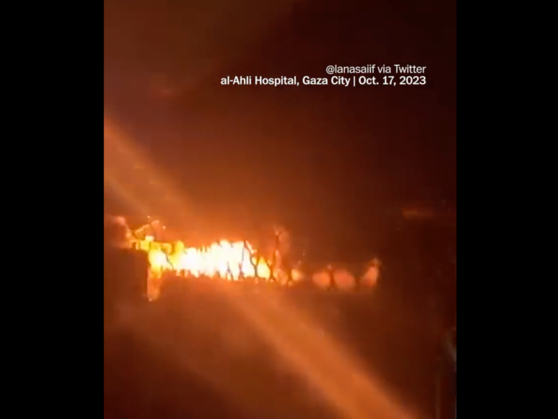 Screenshot of the video showing the strike on the al-Ahli Hospital in Gaza.