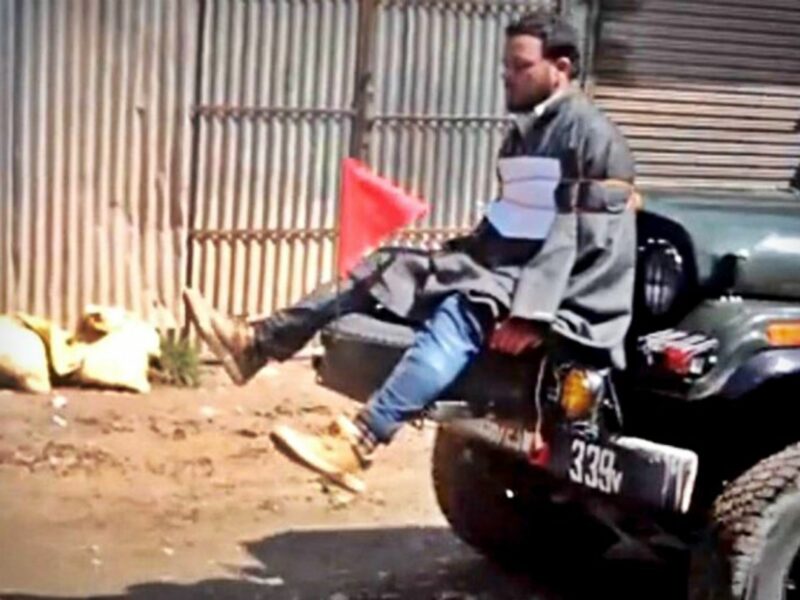 Screenshot of video of Farooq Ahmad Dar being used as human shield