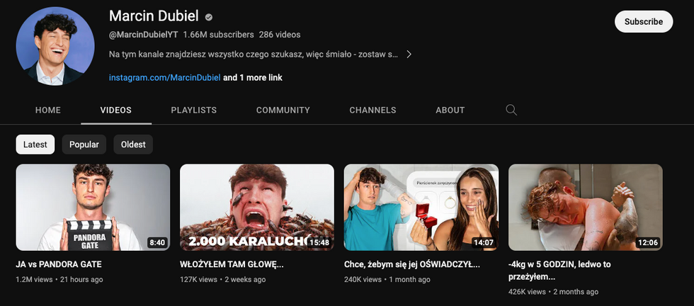 Screenshot of video thumbnails on ​Polish YouTuber Marcin Dubiel's YouTube channel