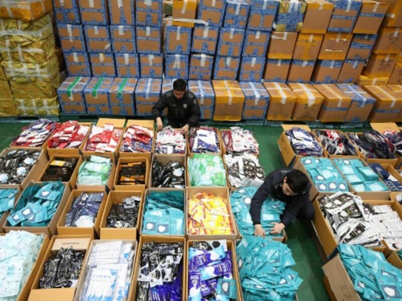 Seizing smuggled masks in Incheon, South Korea, on Feb. 13