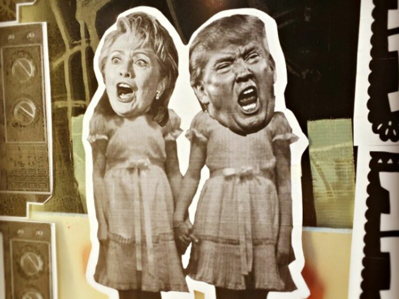SF street art showing Clinton and Trump as The Shining's twins