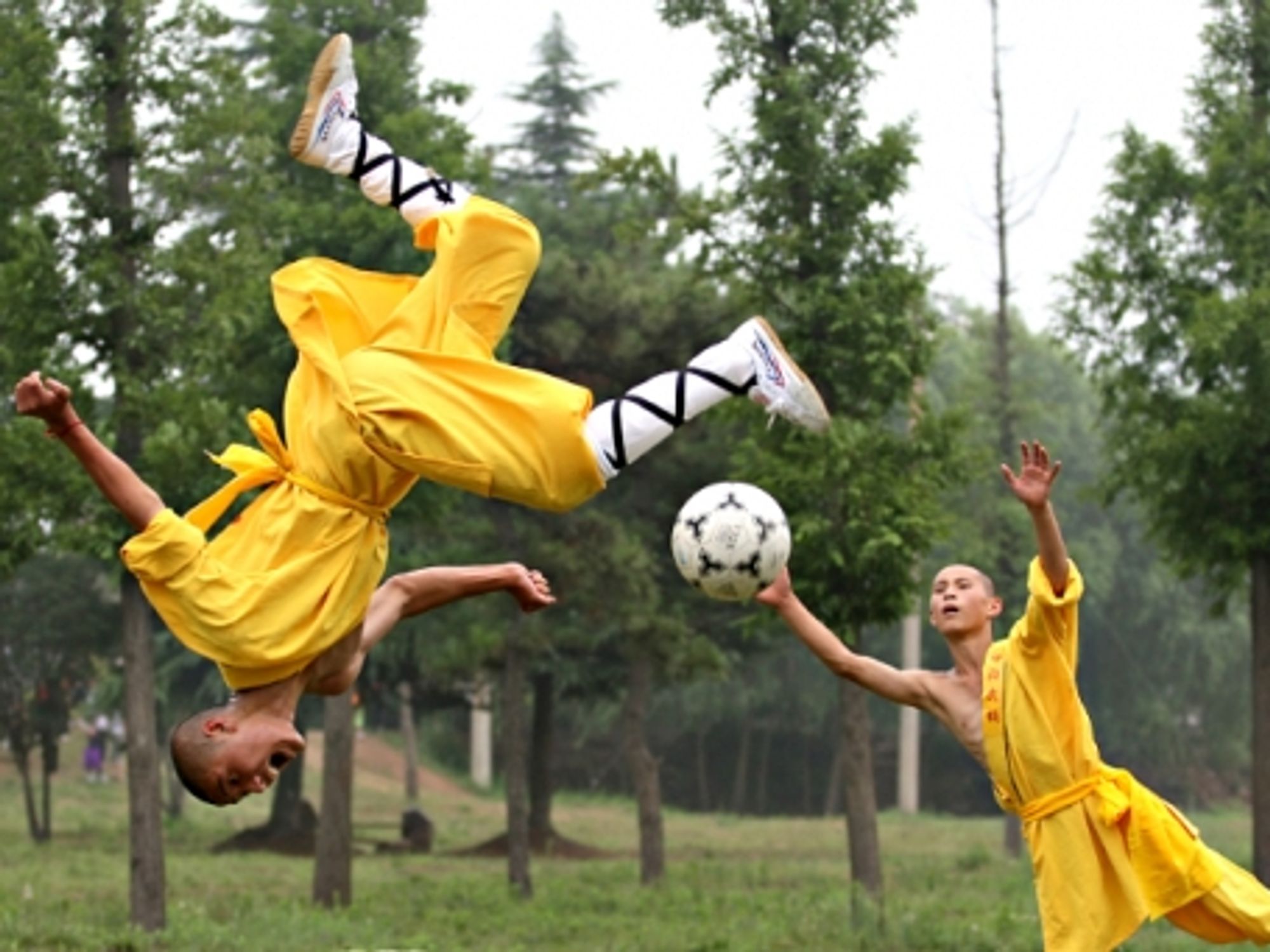 Shaolin students playing soccer at the Tagou Wushu School in Dengfeng