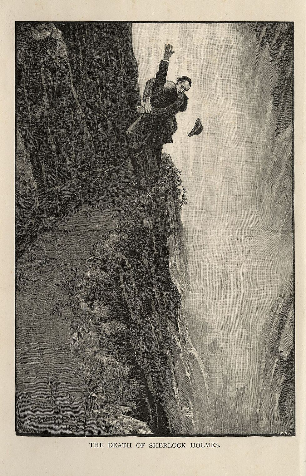 Sherlock Holmes and Professor Moriarty at the Reichenbach Falls falling