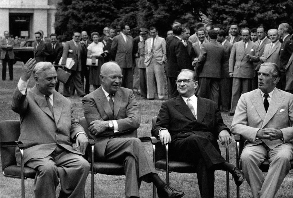 sident of the French Council Edgar Faure, Prime Minister of the United Kingdom Robert Anthony Eden, President of the Council of Ministers of the Soviet Union Nikolai Alexandrovich Bulganin and President of the United States of America Dwight David Eisenhower at the Big Four Conference ​in Geneva in 1955