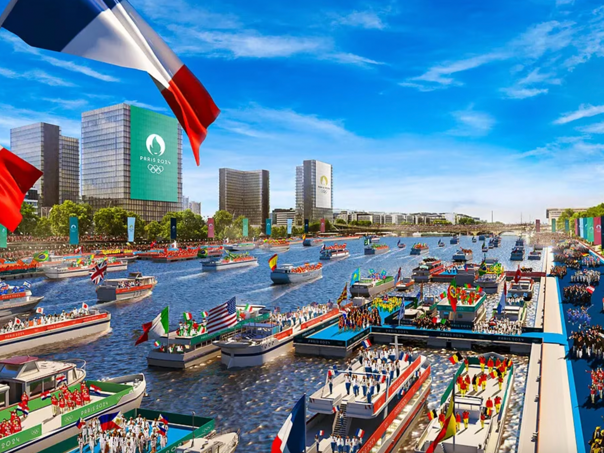 Simulation of the Opening Ceremony of the Olympic Games Paris 2024, staged on the Seine
