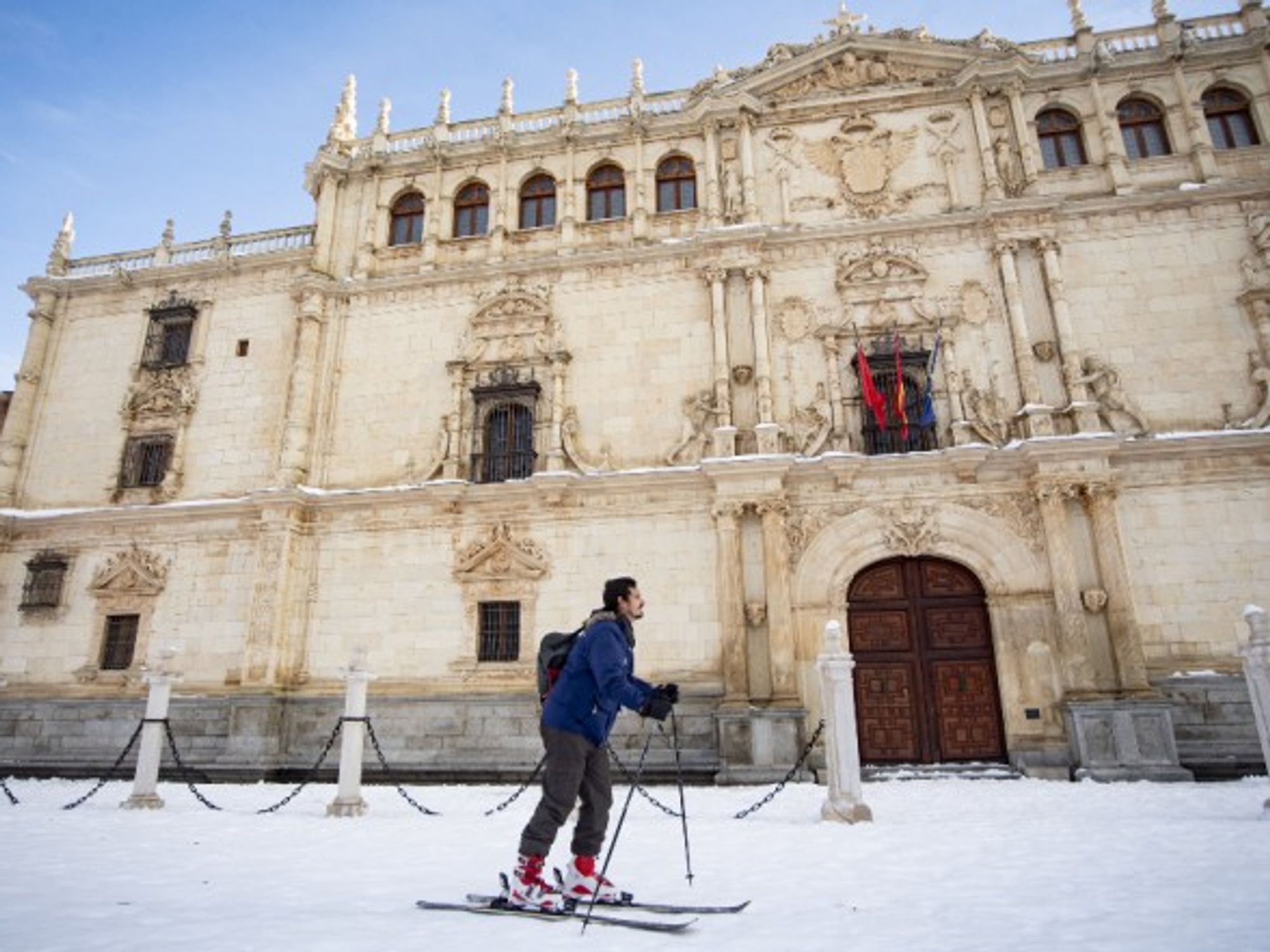 Skiing in central Madrid, Spain, after the country was hit by snow storm Filomena, which brought the heaviest snowfall in 50 years, killing four people and bringing central Spain to a standstill