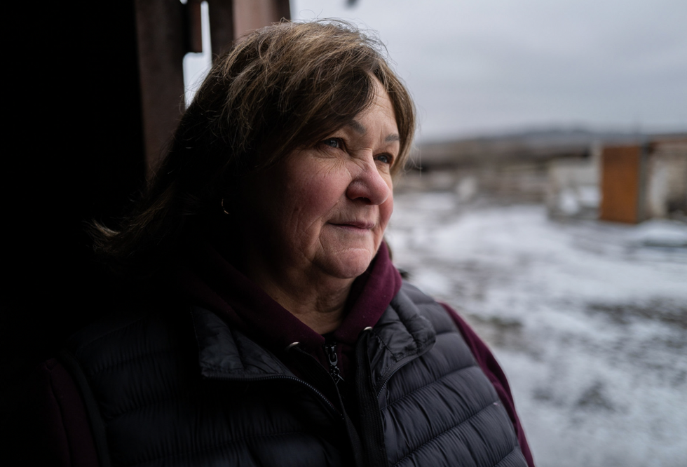 Slovina Lubova, on her farm near the village of Mala Rohan, in eastern Ukraine. Multiple Russian rockets hit her farm in 2022, destroying large stores of wheat and sunflower seeds.