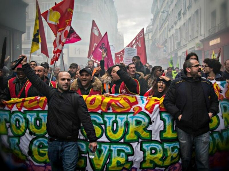 SNCF employees protest against Macron's reform plans.
