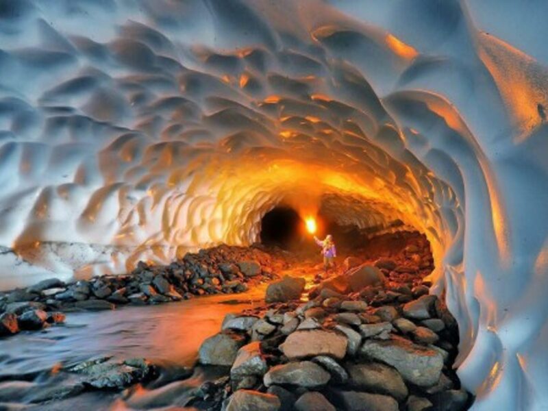 Snow tunnel near the Mutnovsky Volcano