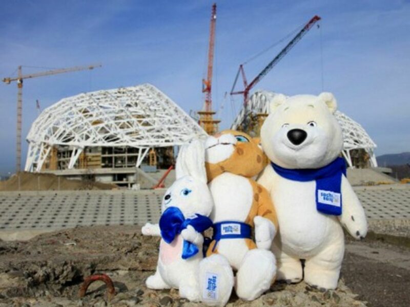Sochi 2014 Olympic Mascots in the front of the Olympic Park