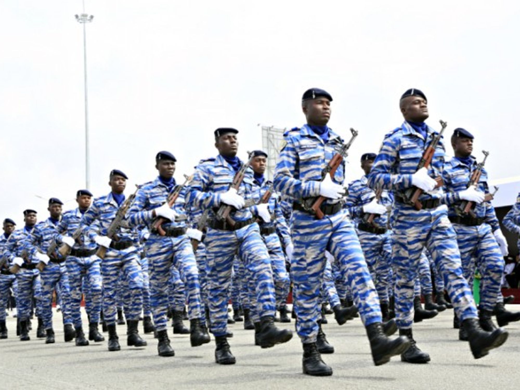 Soldiers march during a military parade marking the 59th anniversary of the independence of Cote d'Ivoire in Abidjan, Cote d'Ivoire, Aug. 2019