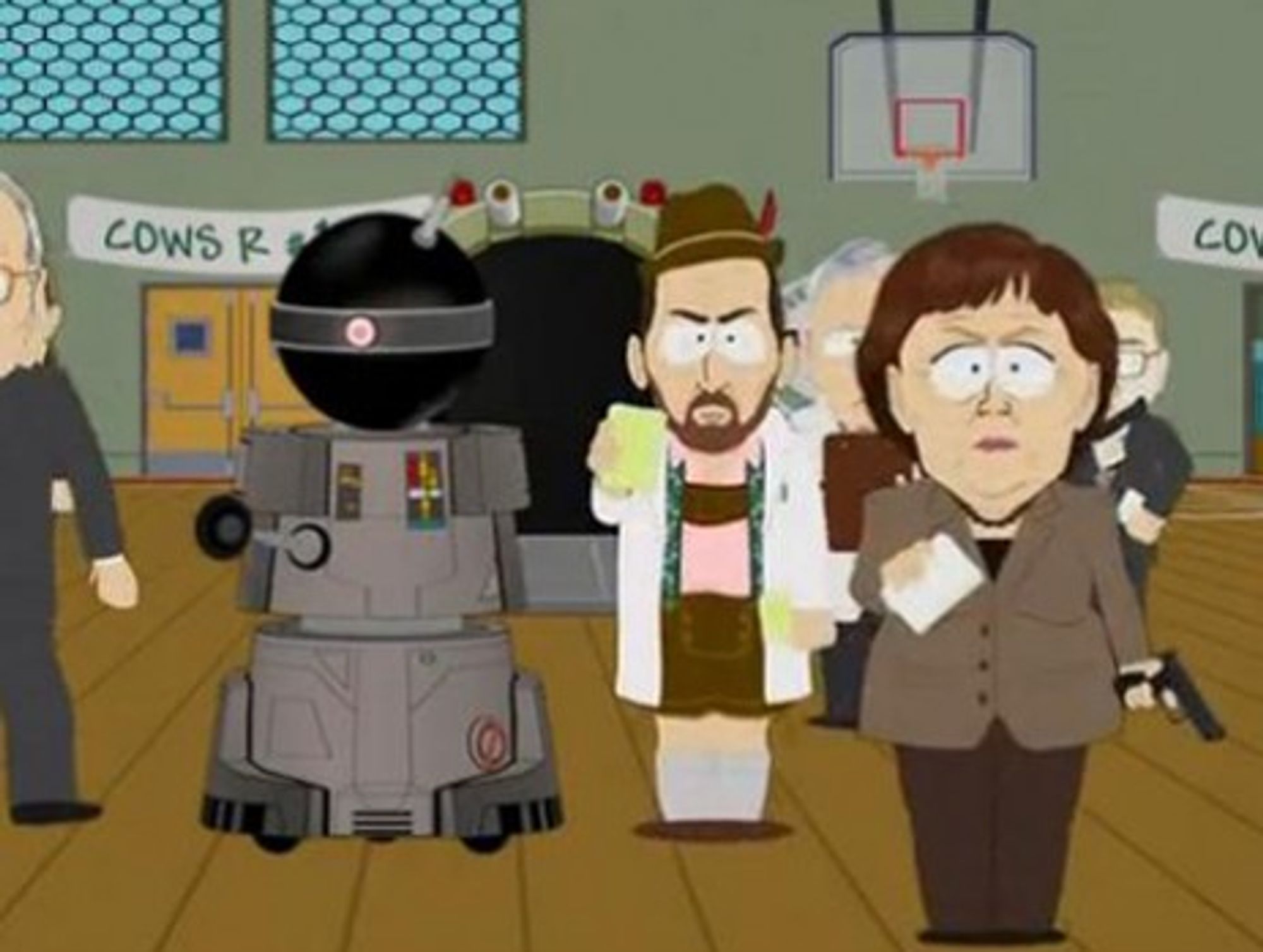 South Park's version of Angela Merkel on stage with the 'Funnybot' (Comedy Central)