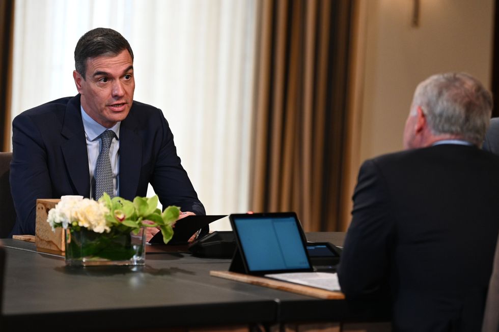 Spain: Prime Minister Pedro Sanchez (l) meets with King Abdullah II (r) during a meeting on April 2, 2024, in Aman, Jordan. Pedro Sü¡nchez is on an official visit to Jordan and Saudi Arabia on a tour of the Middle East to analyze the conflict between Israel and Hamas and the situation in Gaza, after announcing Spain's forthcoming recognition of Palestine.