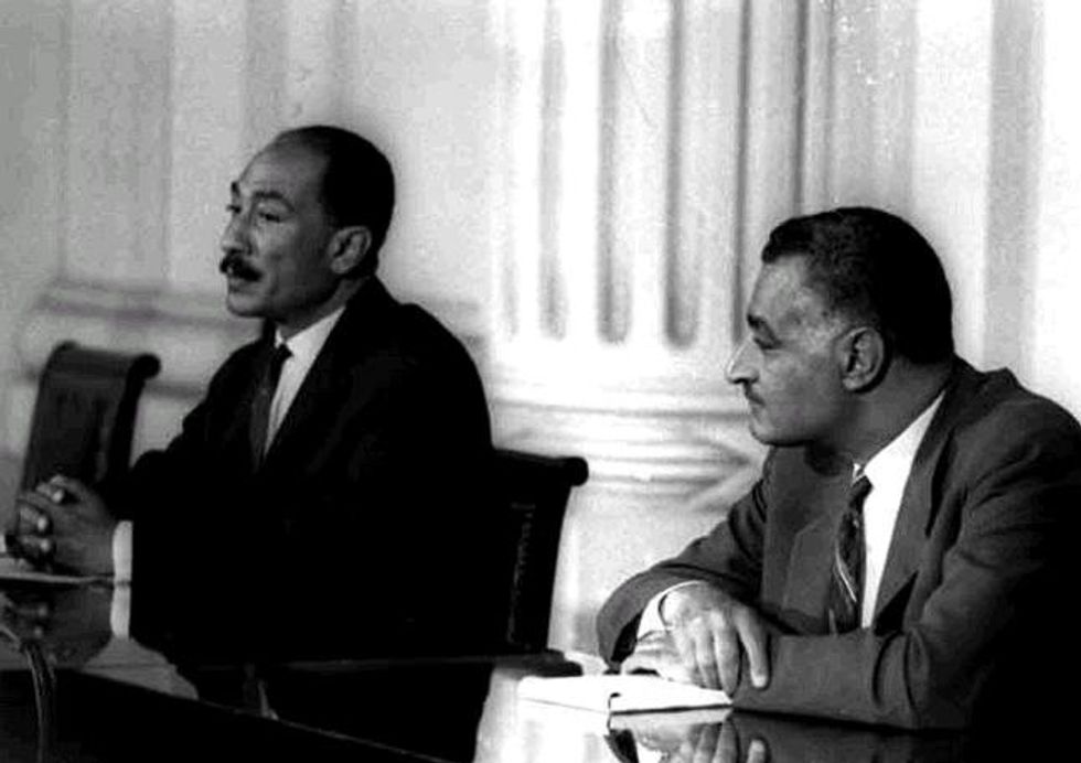 Speaker of National Assembly Anwar Sadat (left) and President Gamal Abdel Nasser (right) at the National Assembly, May 1964.​