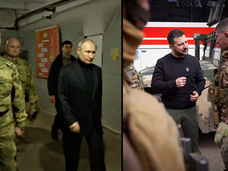 Split photo of Russian President Vladimir Putin and Ukrainian President Volodymyr Zelensky on their respective visits to the frontline