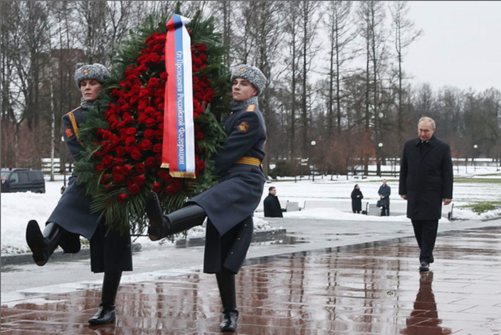 St Petersburg, January 2023. Russia's President Vladimir Putin attends a ceremony marking the 80th anniversary of the breaking of the Siege of Leningrad.