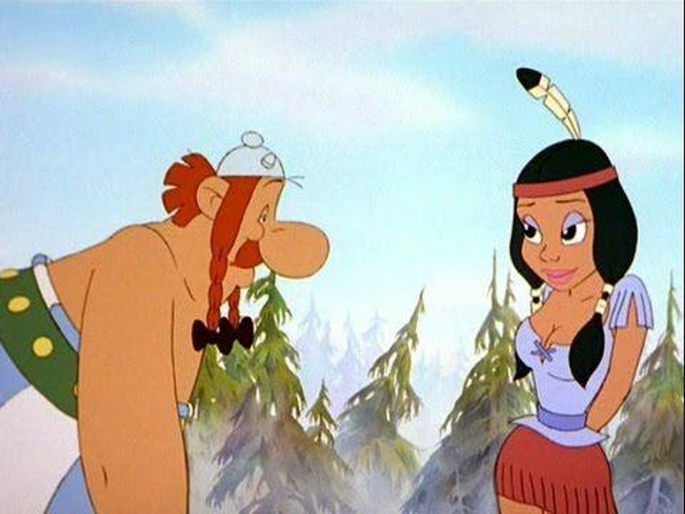 Still image of an Asterix movie showing Obelix with a stereotypical North American Indigenous woman