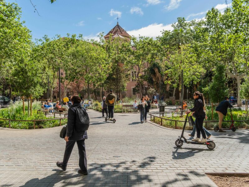 Street scene in Barcelona's Eixample "superilla" car-free and pedestrianized area in the city centre