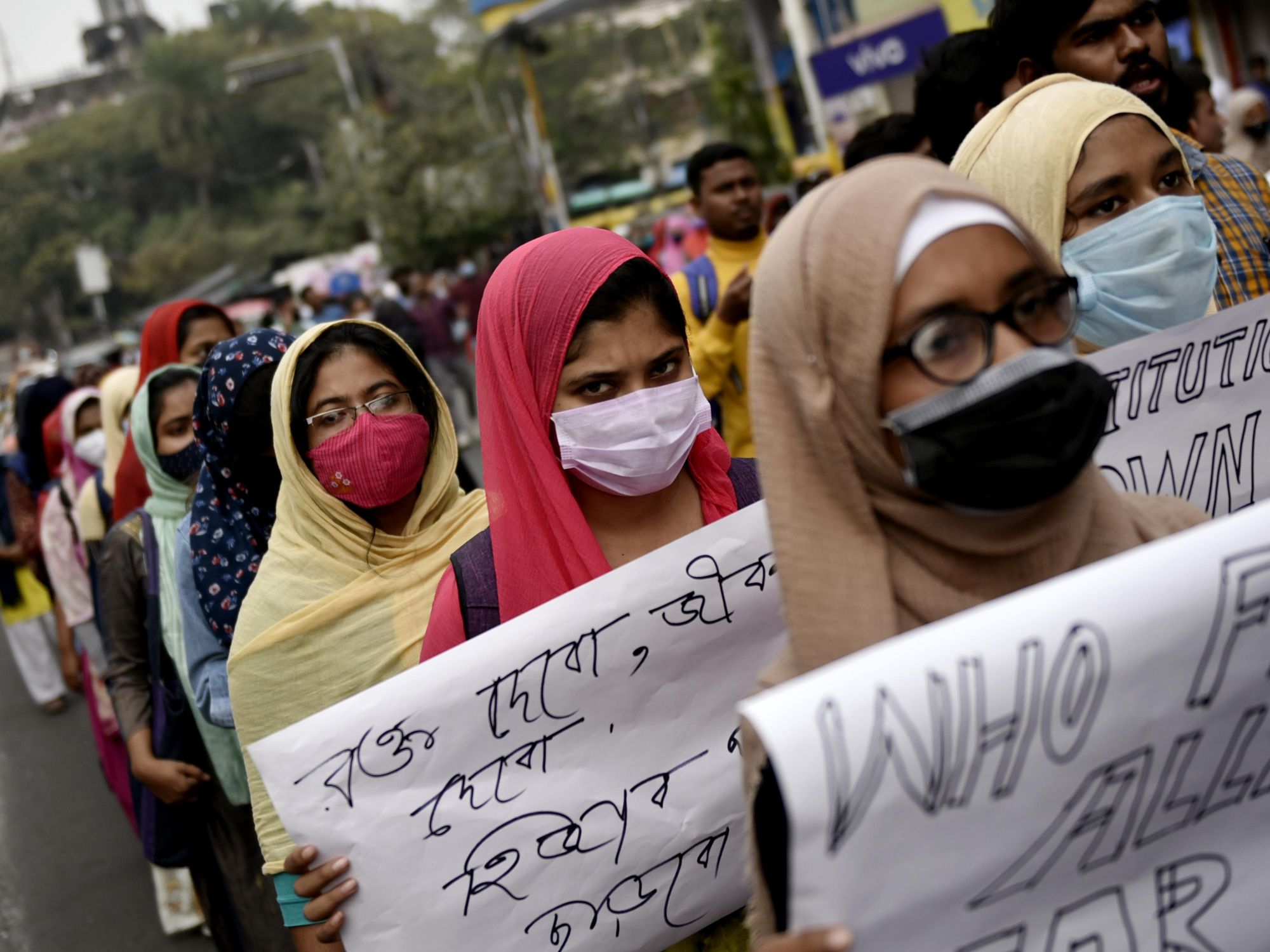 Students of Kolkata's Aliah University protesting against the Hijab ban enforced in a few colleges in the Southern state of Karnataka in India.
