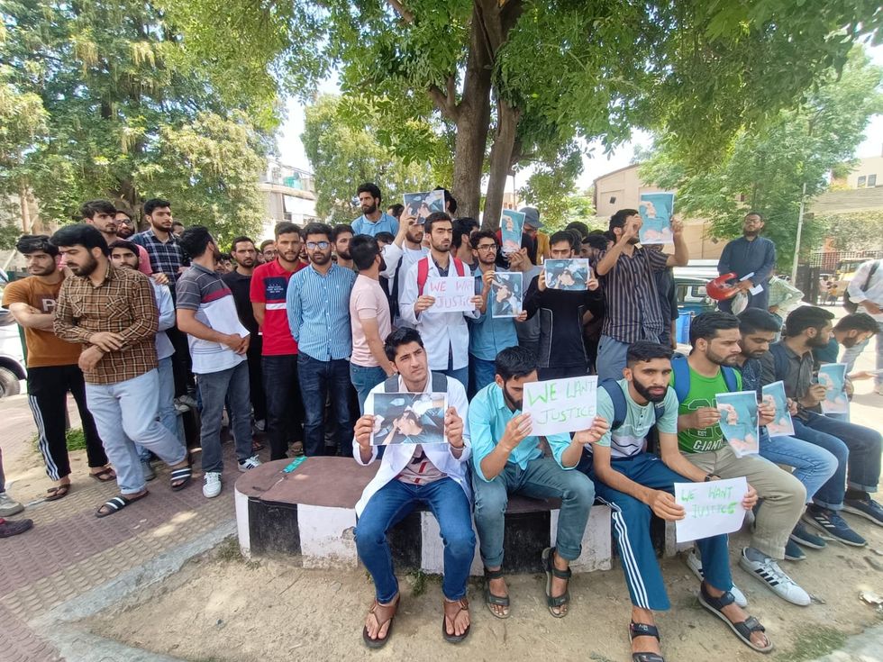 Students protest at GMC Jammu after one of them was injured during a fight opposing students of two communities over "The Kerala Story".