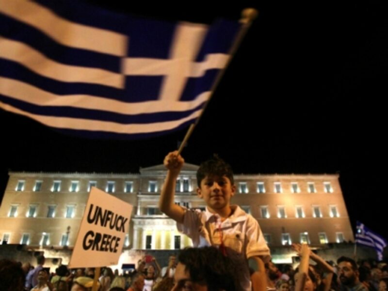 Supporters of 'No' in Athens' Syntagma square Sunday night.