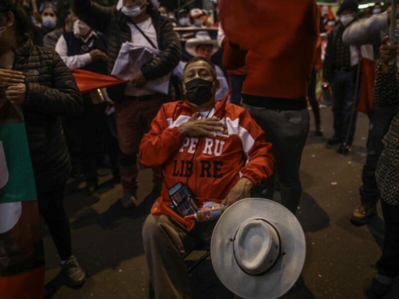 Supporters of Pedro Castillo celebrate in Lima, Peru, after the leftist candidate claimed victory in the country’s presidential election with a narrow lead of 44,058 votes ahead of right-wing rival Keiko Fujimori. However the result of the ballot has not