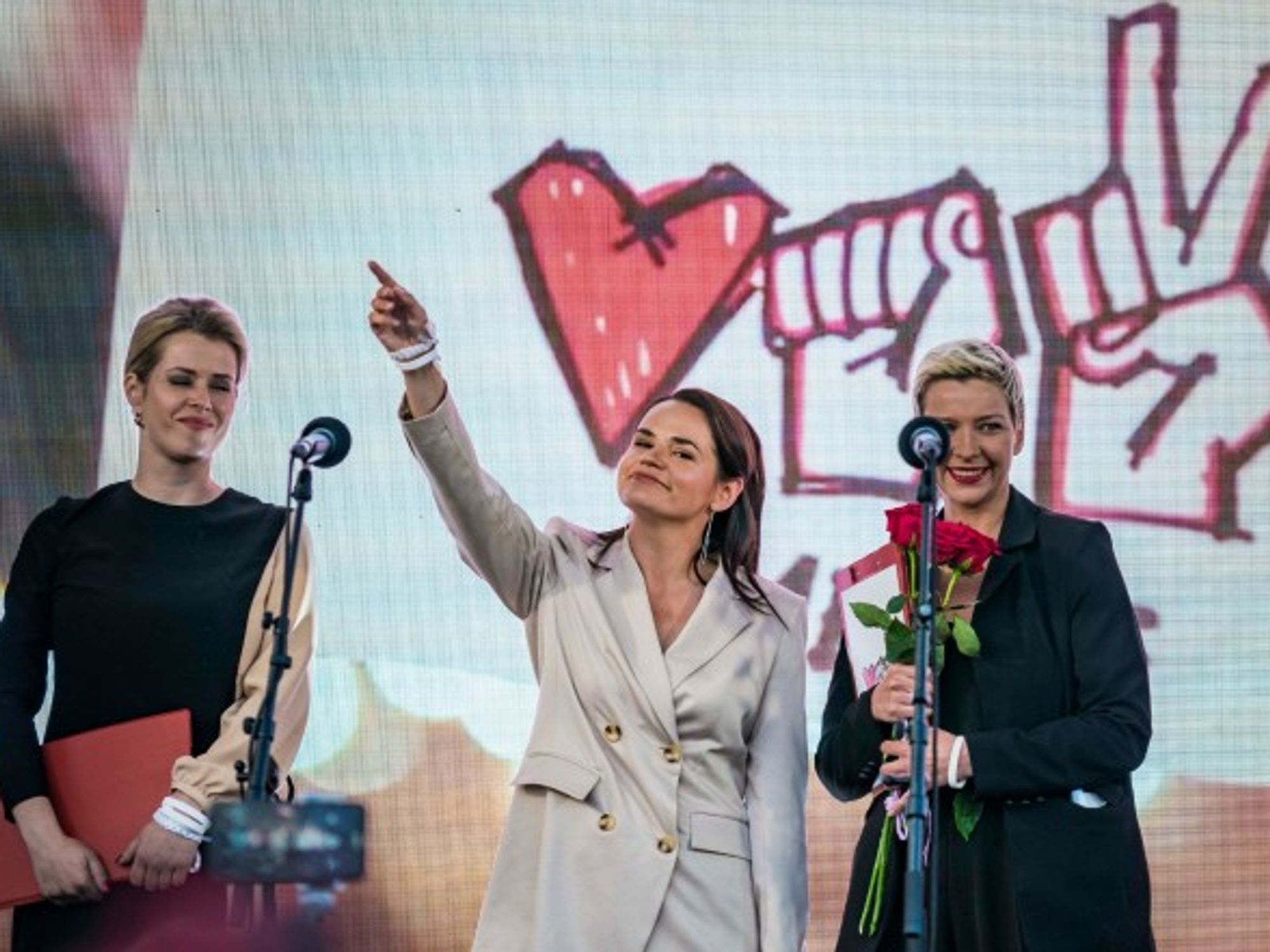 Svetlana Tsikhanovskaya, center, presidential candidate in the Belarus election