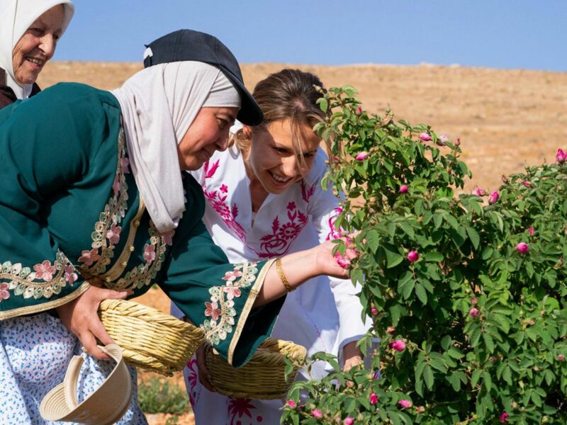 Syrian First Lady Asma al-Assad attends the harvest of Damascena (Damask) roses in the village of al-Marah, in the Damascus countryside, on May 25, 2023
