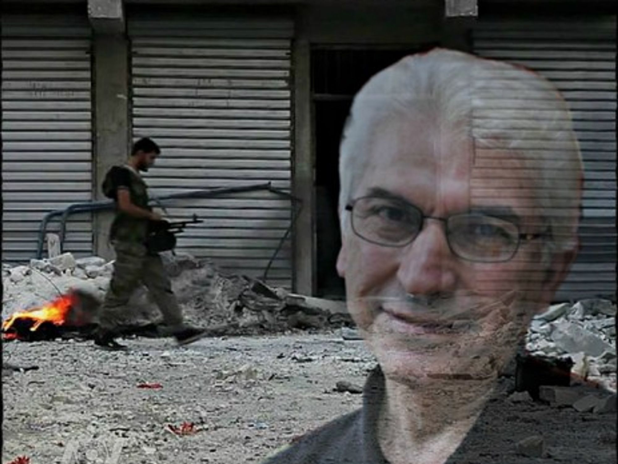 Syrian novelist Nihad Sirees and a Free Syrian Army soldier in Aleppo