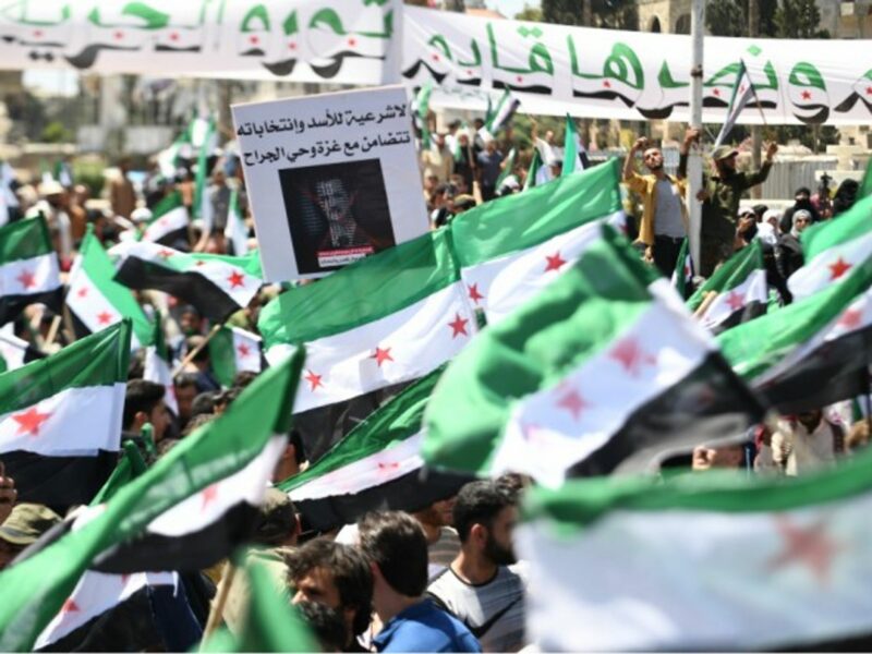 Syrians demonstrated in the city of Idlib against the presidential elections which were held this Wednesday, with Bashar al-Assad expected to win a fourth term