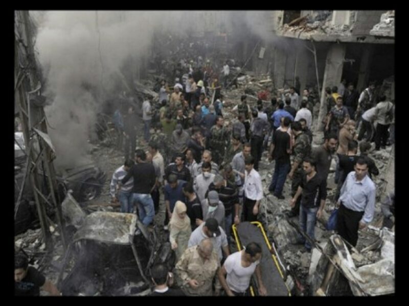 The aftermath of a bombing last month in Damascus that the government blamed on terrorists