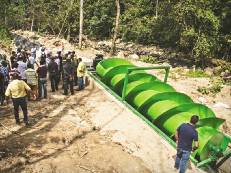 The Archimedes screw hydro turbine in Miravalle, Colombia