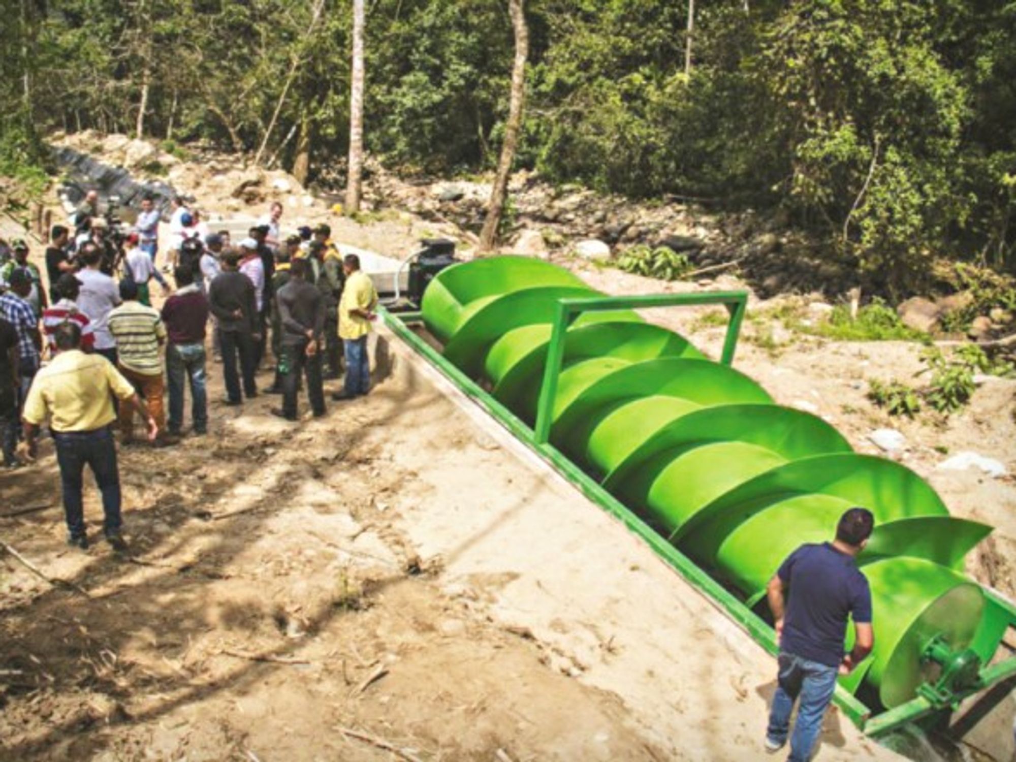 The Archimedes screw hydro turbine in Miravalle, Colombia