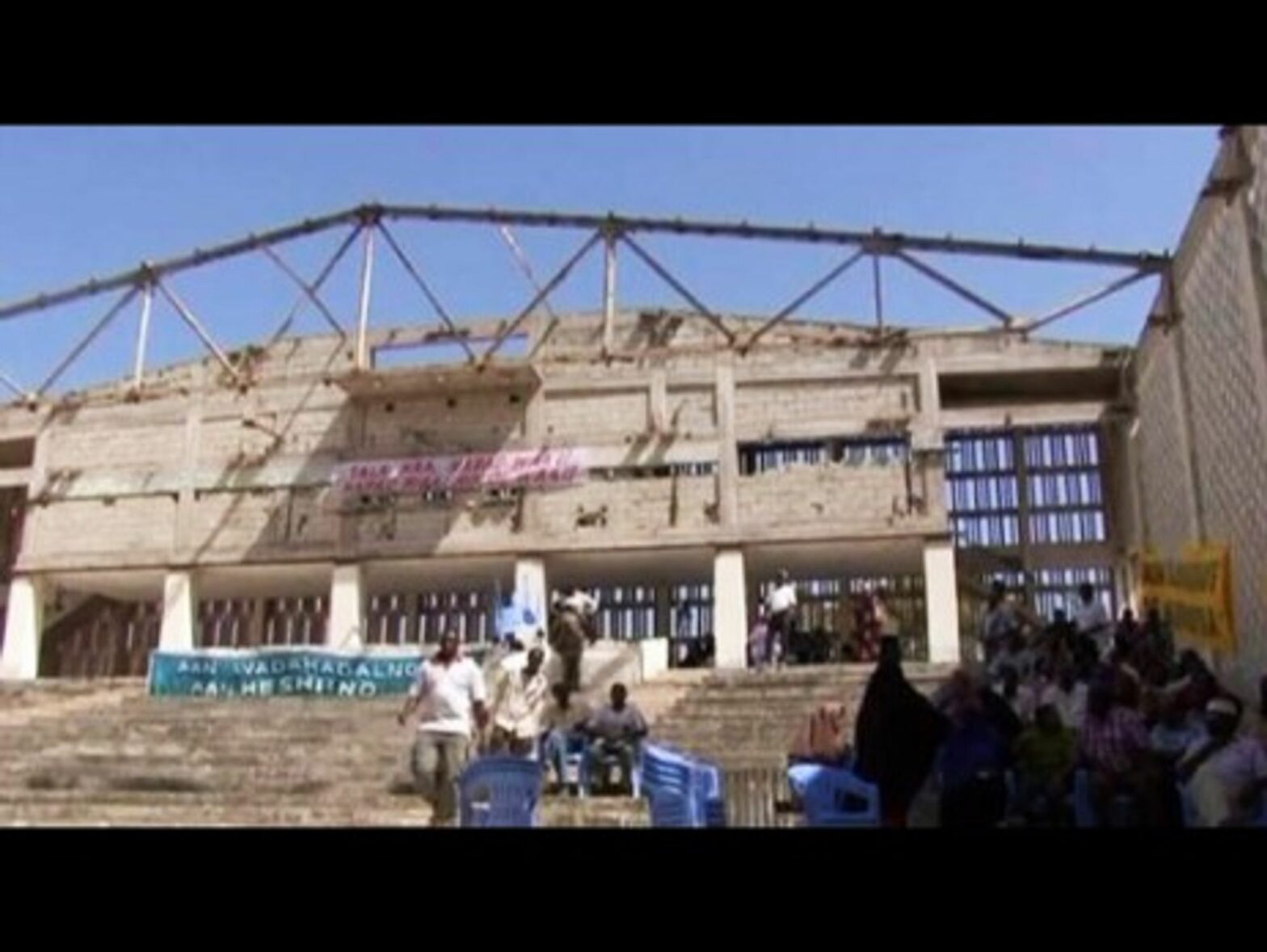 The bombed roof of the Somali National Theater in Mogadishu hasn't been repaired yet (Reuters)