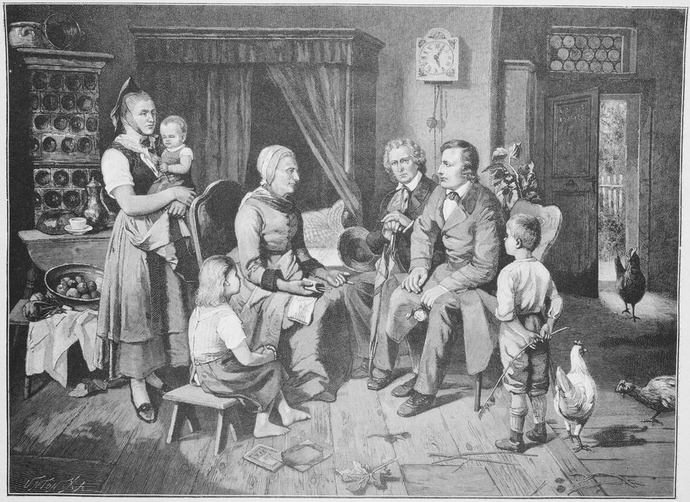 The brothers Jakob and Wilhelm Grimm with the storyteller Ms. Viehmann in Niederzwehren.