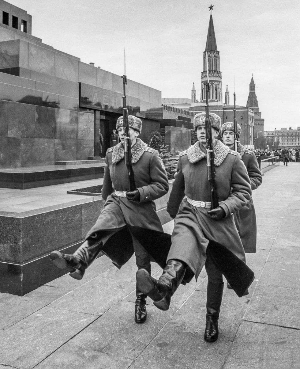 The changing of the honor guard at Lenin's mausoleum in Red Square, Moscow
