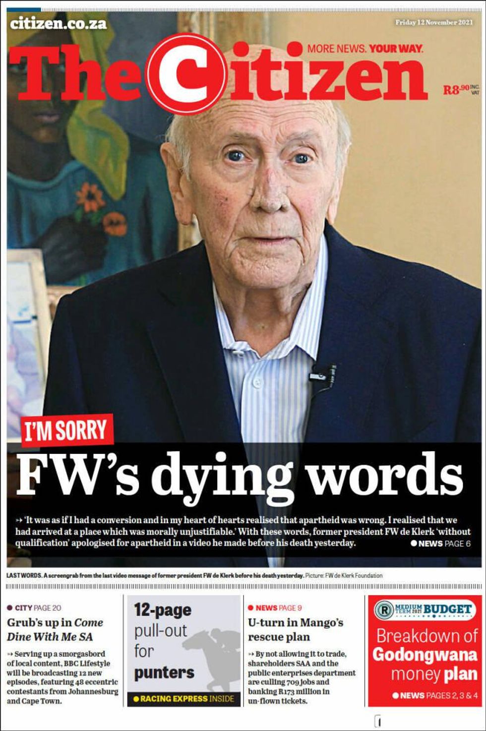 The Citizen's Nov. 12 front page reading "FW's dying words"