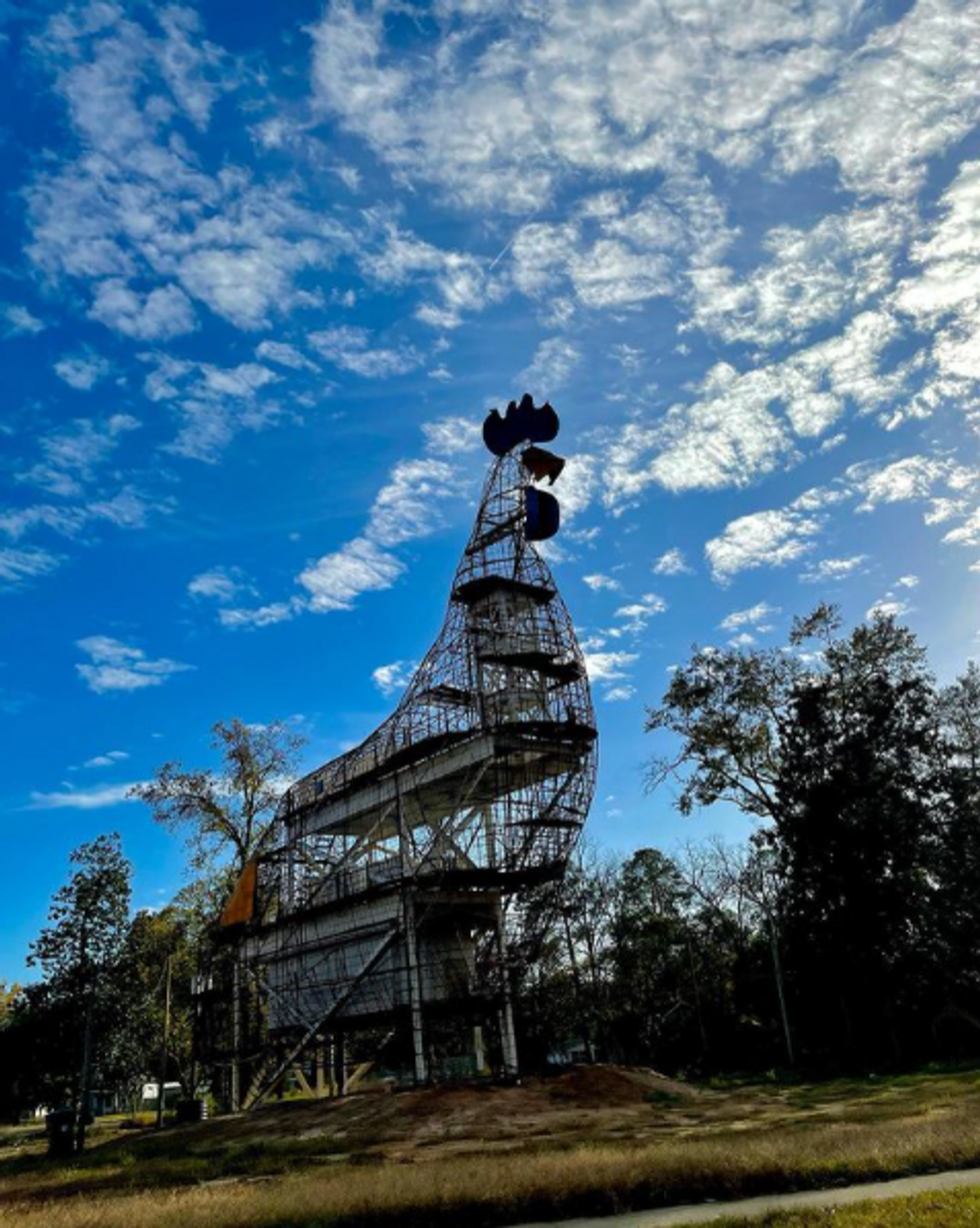 The construction of a giant chicken topiary in Georgia