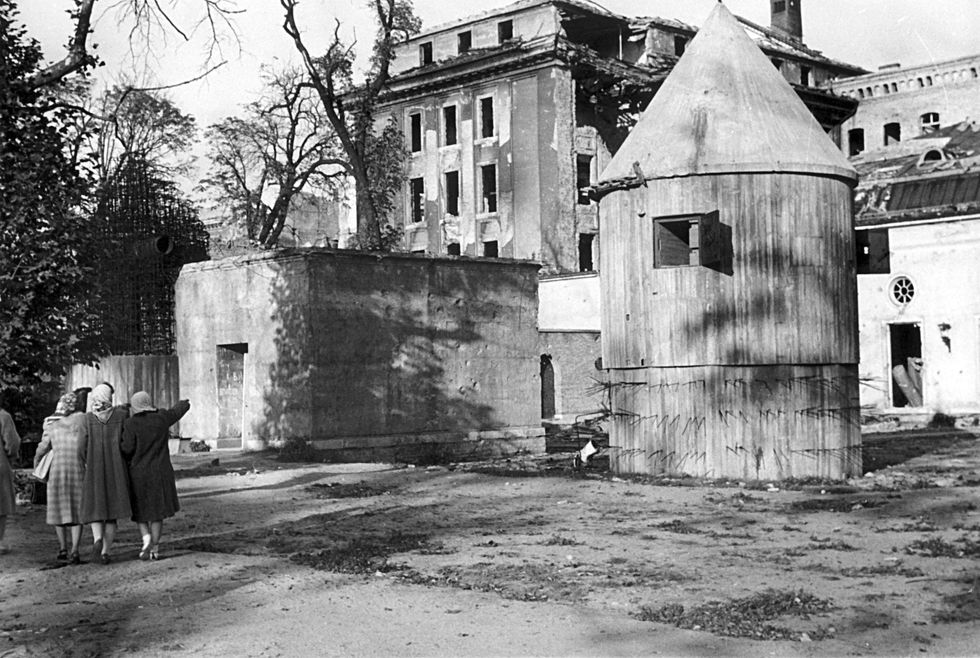 The entrance of Hitler's bunker in the destroyed Reich Chancellery in Berlin, pictured after the end of the Second World War.