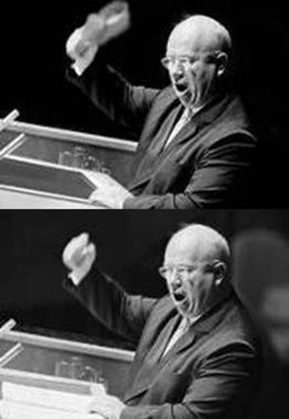 The fake image of Nikita Khrushchev's would-be "shoe-banging" speech at the United Nations.